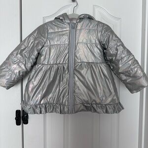 Girls' Silver Hooded Puffer Jacket with Ruffle Hem